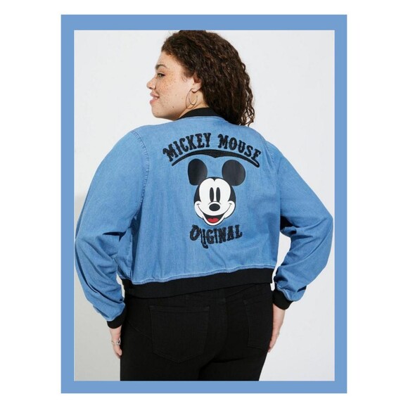 NWT Torrid 5X Disney Americana Mickey Mouse Denim Chambray Cropped Bomber Jacket - Picture 1 of 8